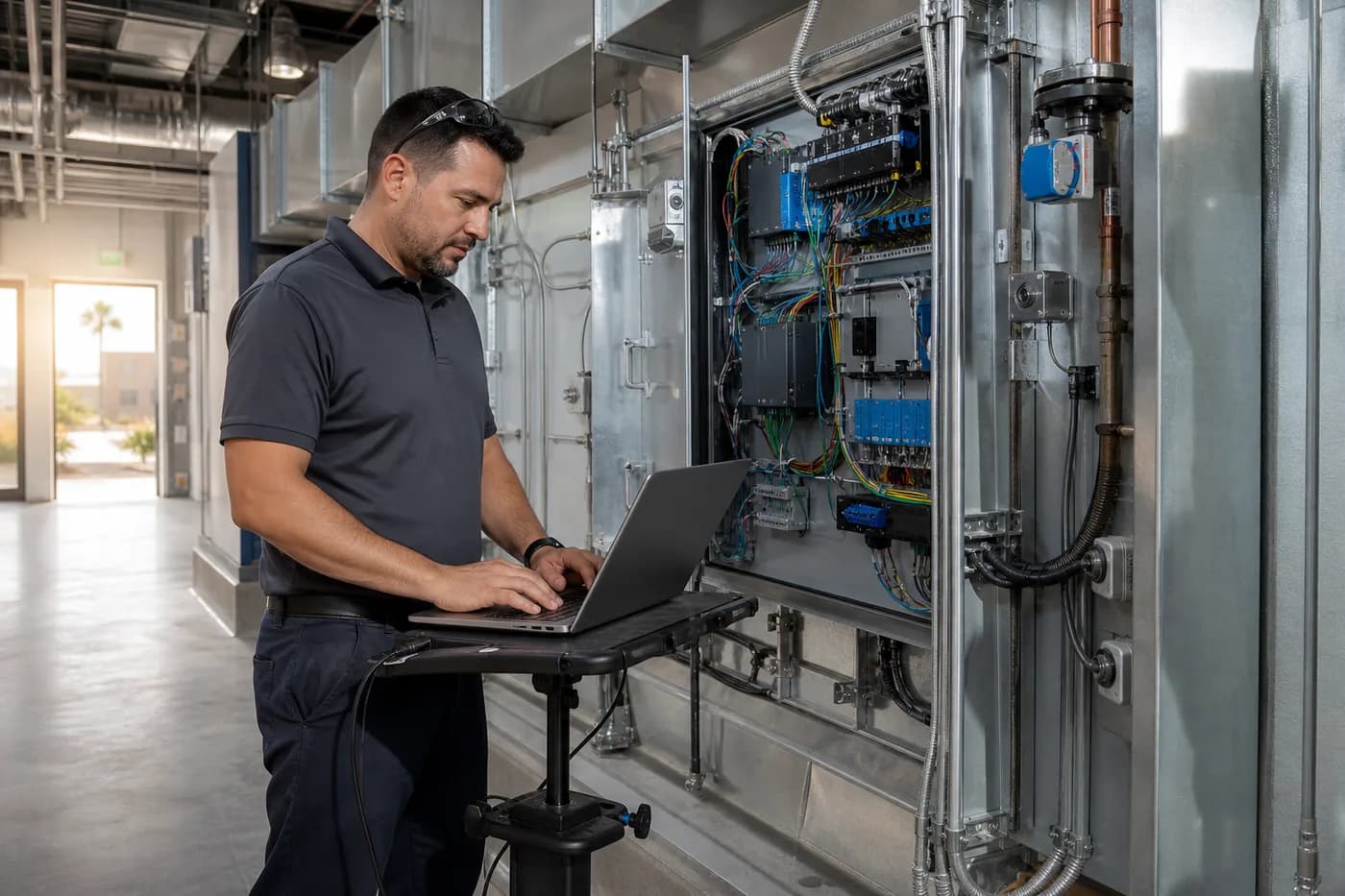 Controls technician commissioning building automation equipment in a mechanical room
