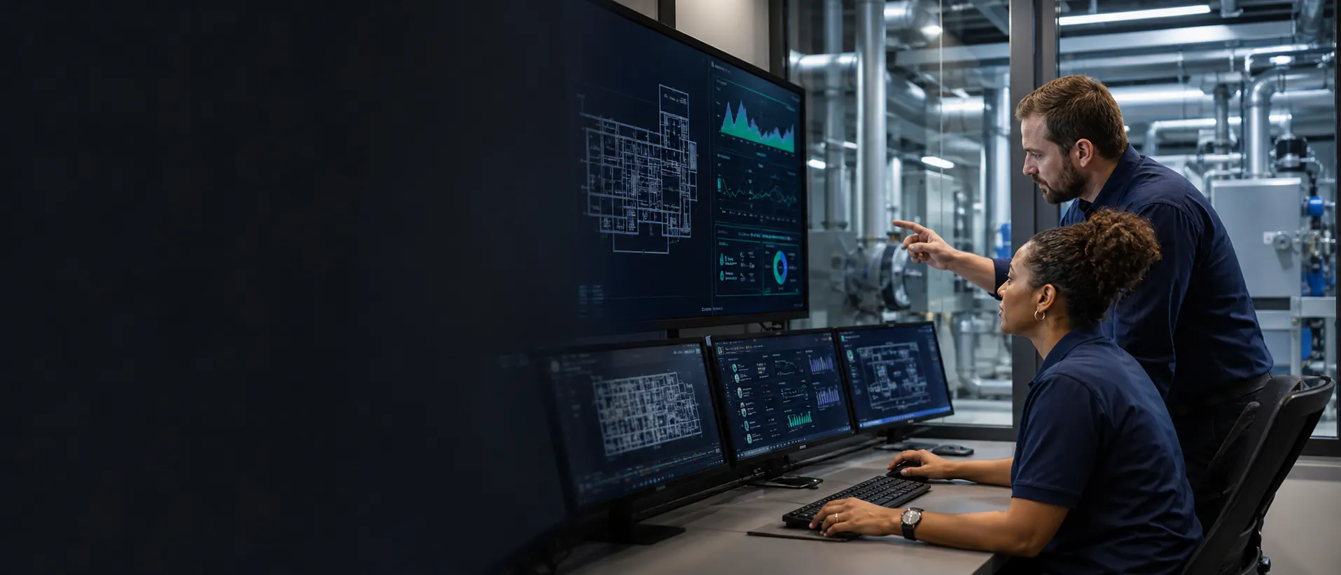Commercial facility operator reviewing building automation performance