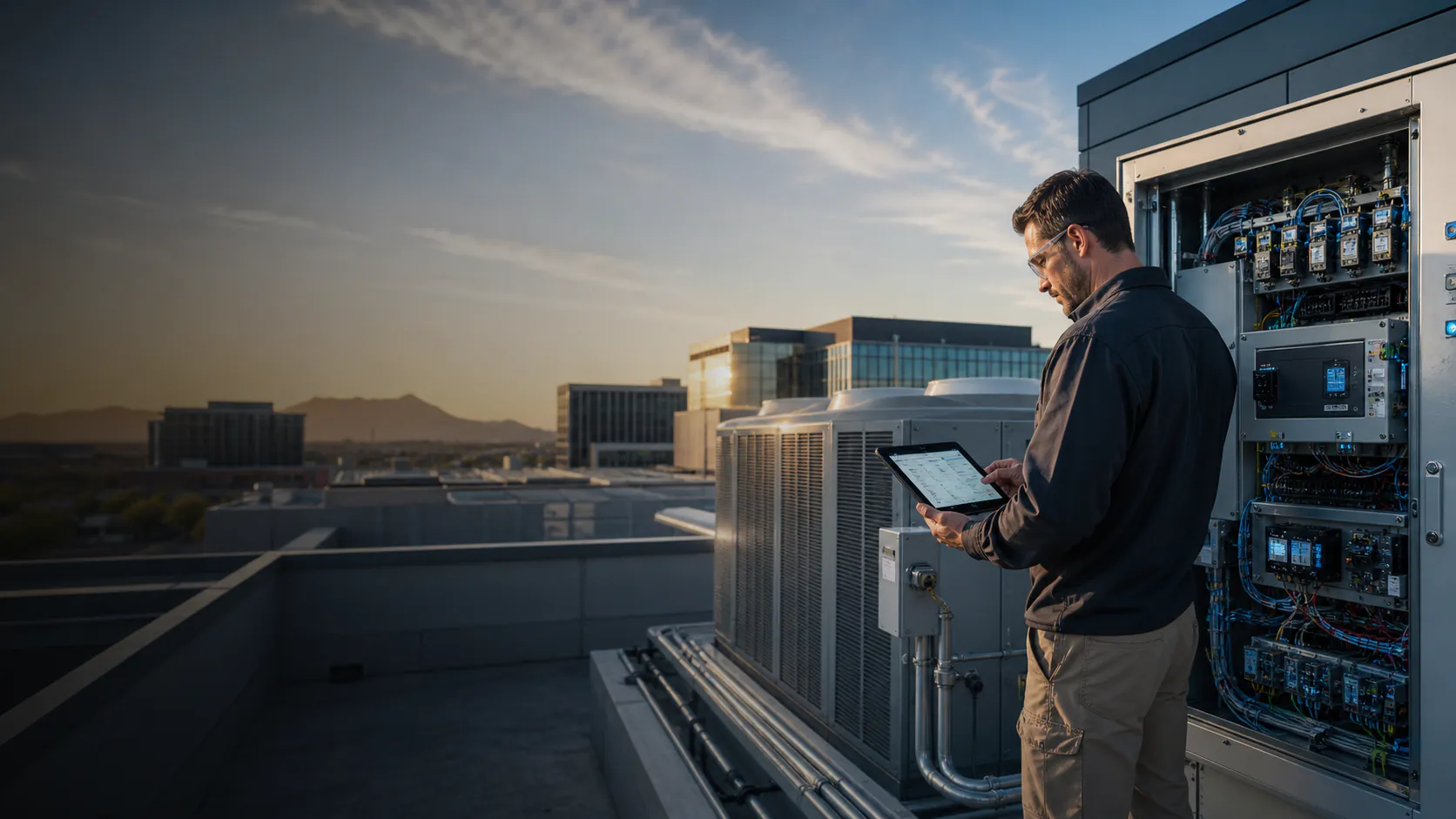 Controls service technician diagnosing commercial HVAC equipment