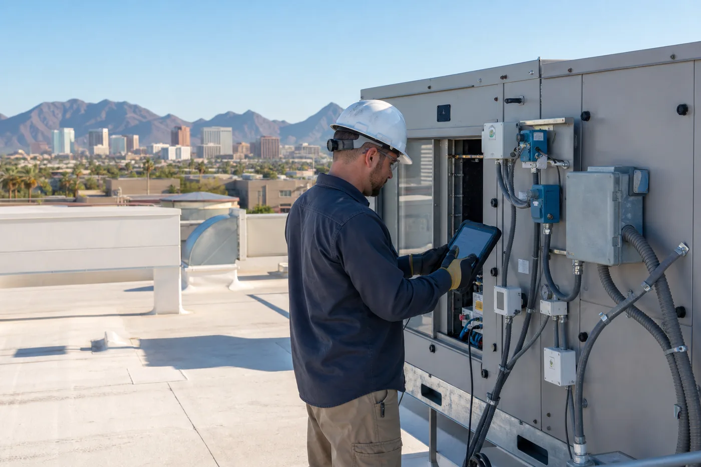 Commercial HVAC controls technician inspecting rooftop equipment in Phoenix