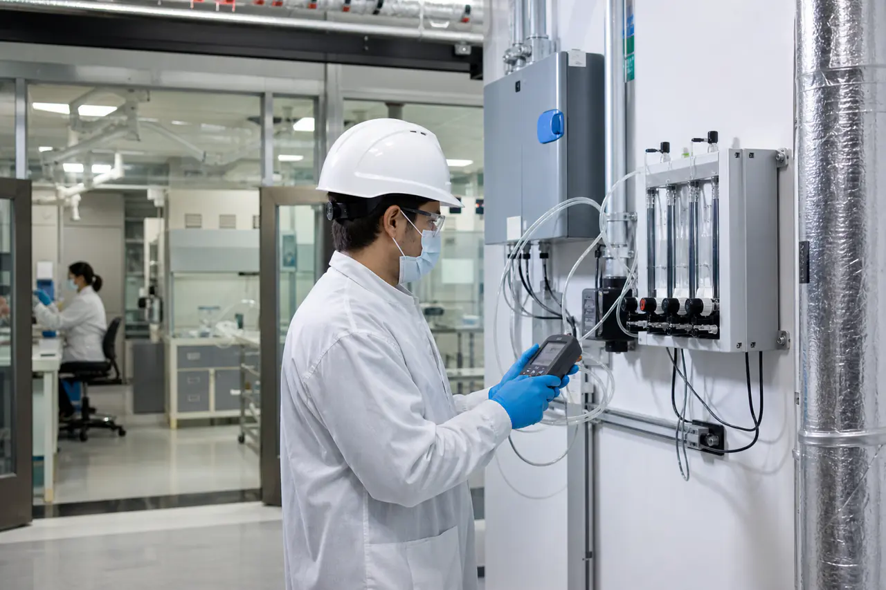 Technician verifying environmental control instrumentation