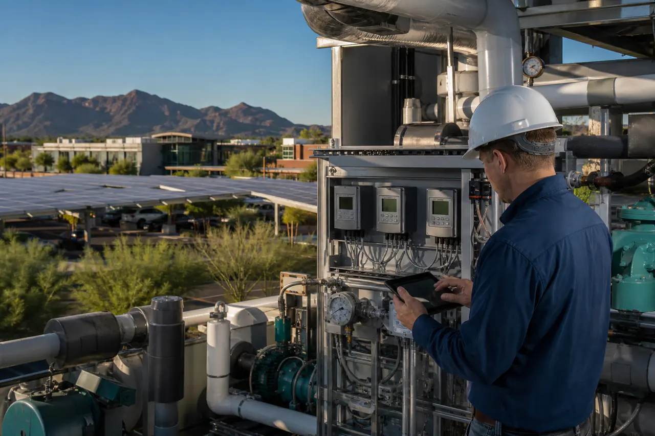 Arizona facility technician reviewing sustainable HVAC controls near solar infrastructure